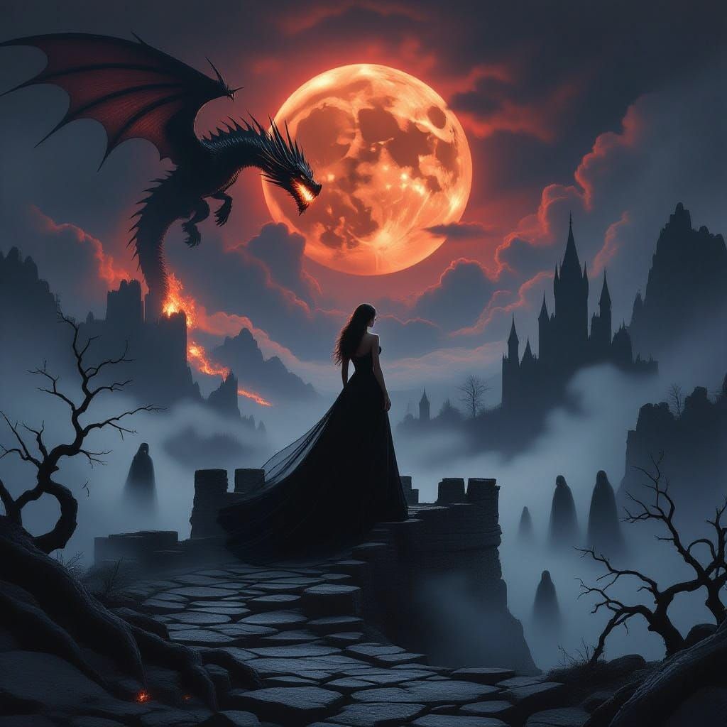 Mysterious Dark Fantasy Scene with a Dragon and a Woman