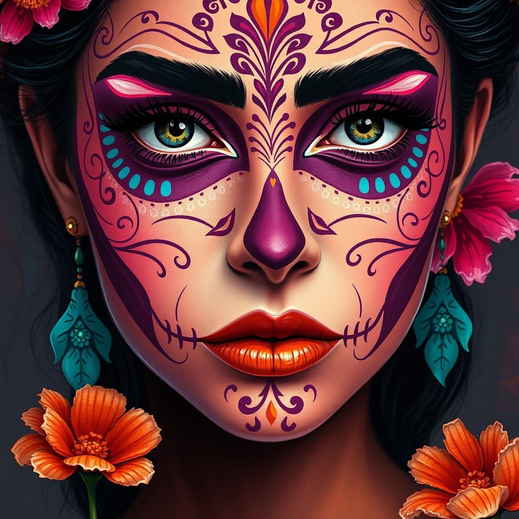 Vibrant sugar skull-inspired face paint on a woman's cheeks and forehead, intricate designs and patterns in shades of pi...