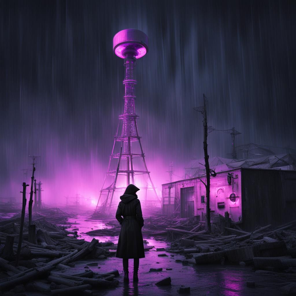 Goth Model Amidst Cyberpunk Radio Wasteland