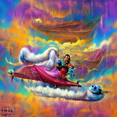 Magic carpet ride in the fluffy clouds trending on Artstatio...