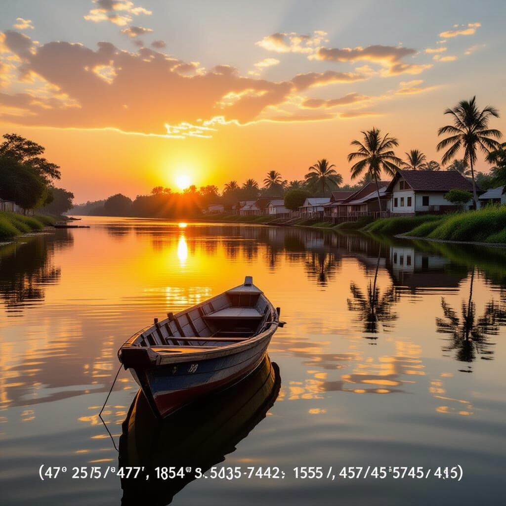 Bengali Riverside Sunset Scene with Boat in Impressionistic ...