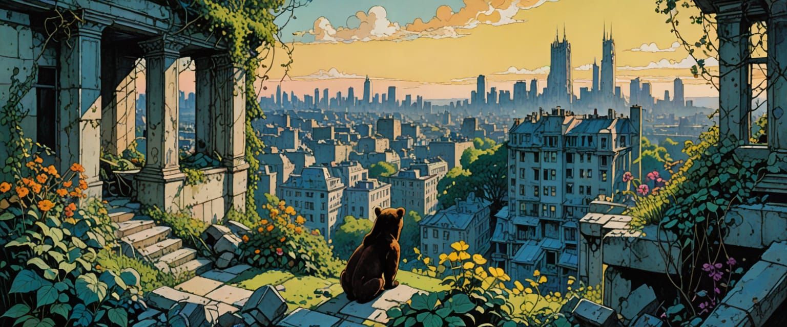 Bears in Overgrown City Ruins: Comic Book Style
