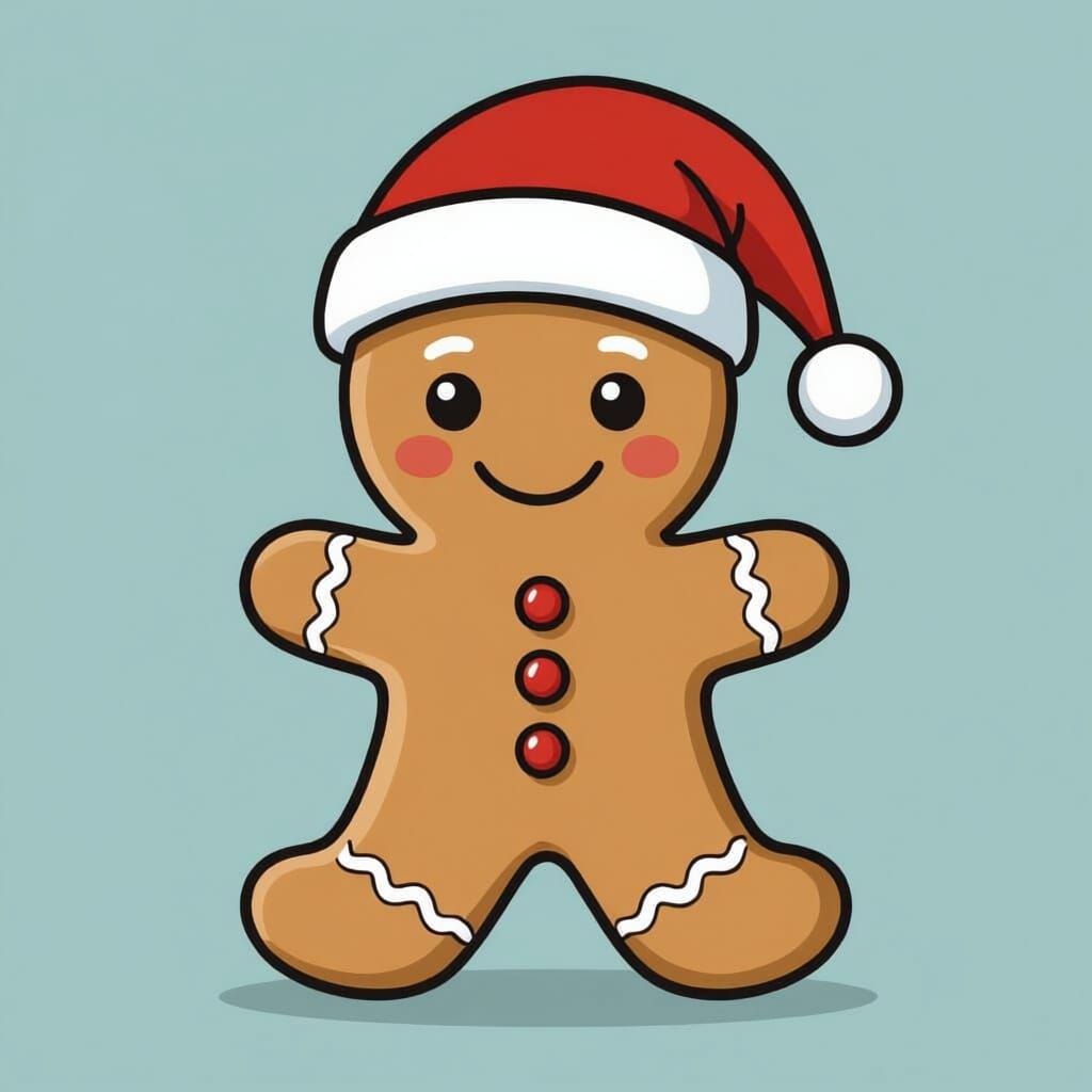 Gingerbread Man in Santa Hat Outline Design