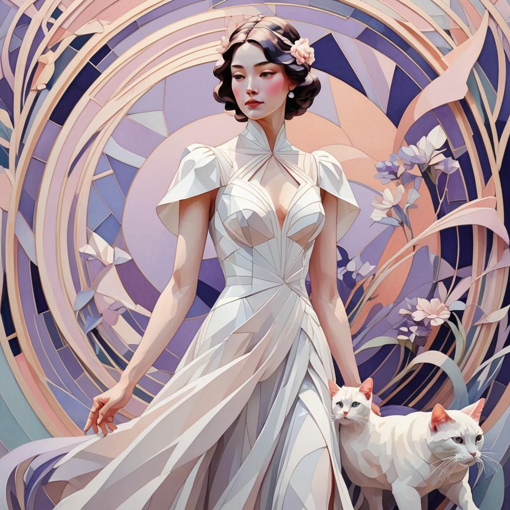 Elegant Lady with White Cat in Art Nouveau Style
