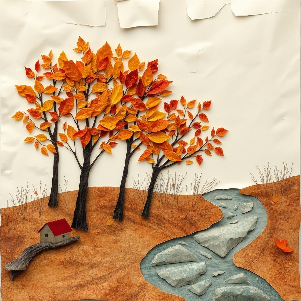 Autumnal Creek Scene in Torn Paper Collage Style