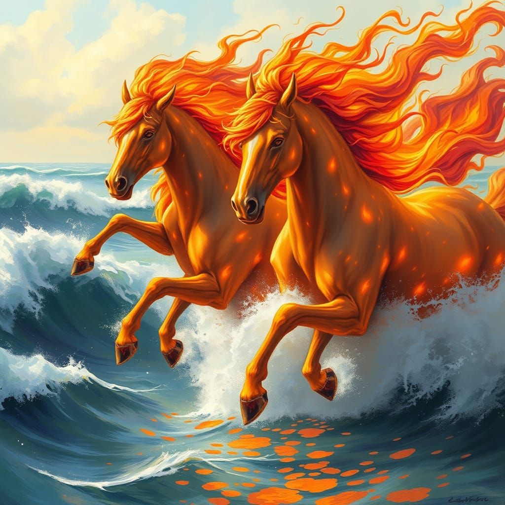 Majestic Fire Horses Galloping on Ocean Waves