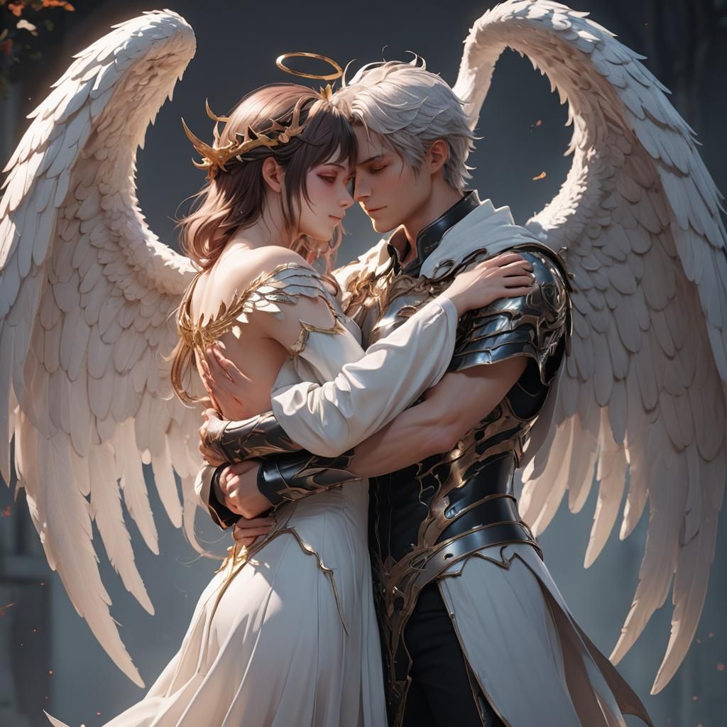Angel and Demon Embrace: 3D Anime Art
