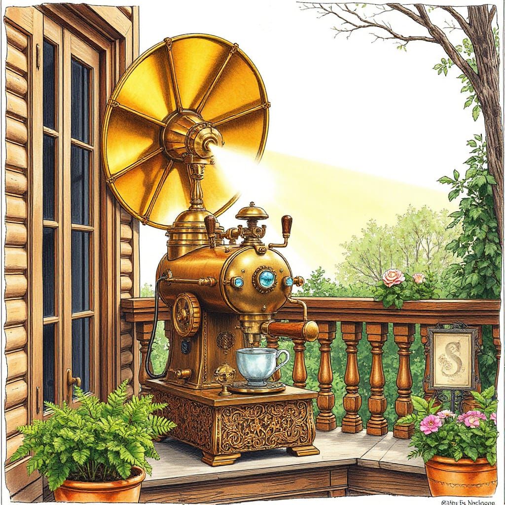 Steampunk Inventor's Elegant Solar Espresso Scene