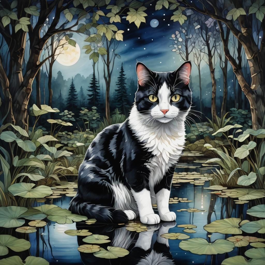 A fluffy black and white cat at midnight.