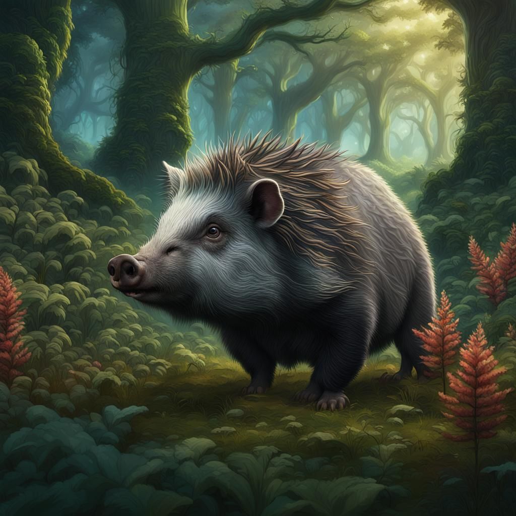 Porcuswine Foraging in Ethereal Fantasy Forest