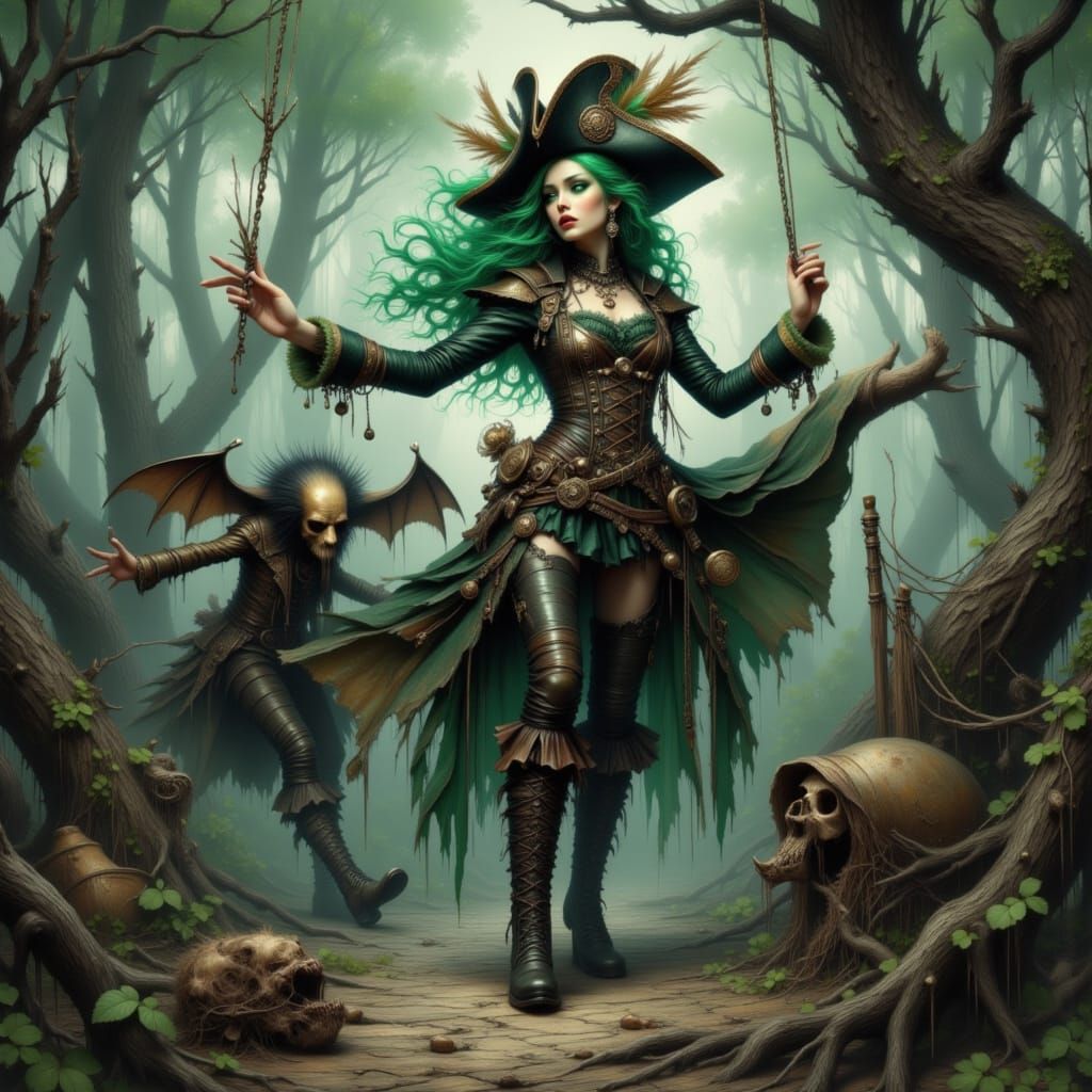 Steampunk Pirate Captain Battles Mimic in Dark Fantasy Style