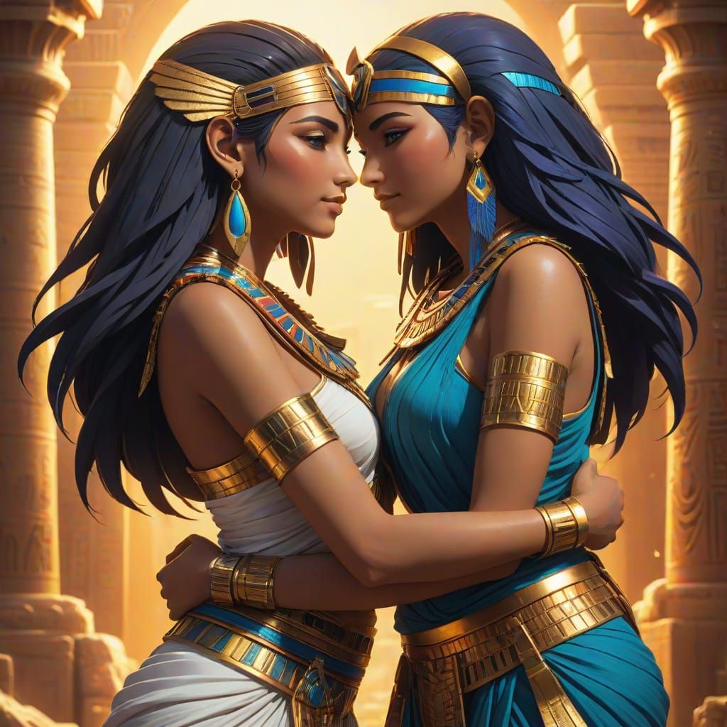 Egyptian Women Embrace: Vibrant Anime in Studio Trigger Styl...