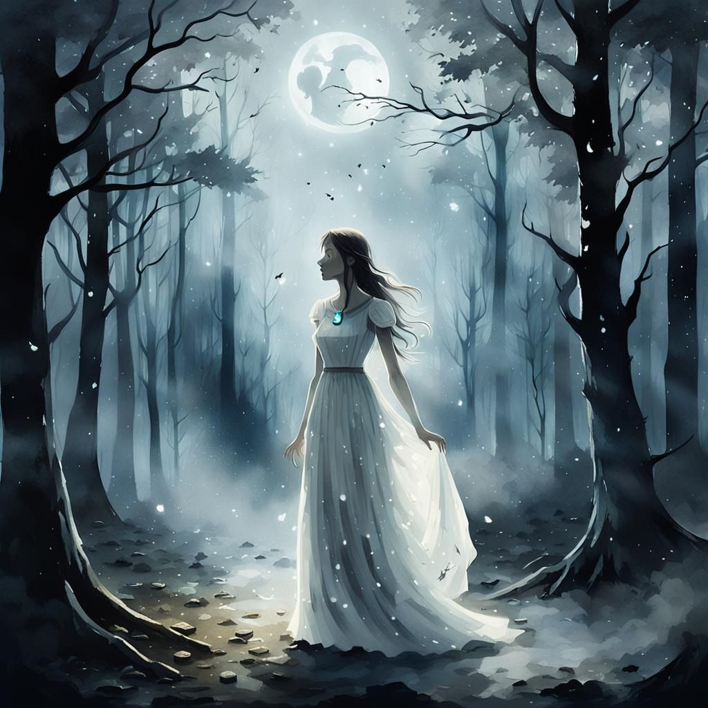 Melancholic Woman in Misty Forest Watercolor