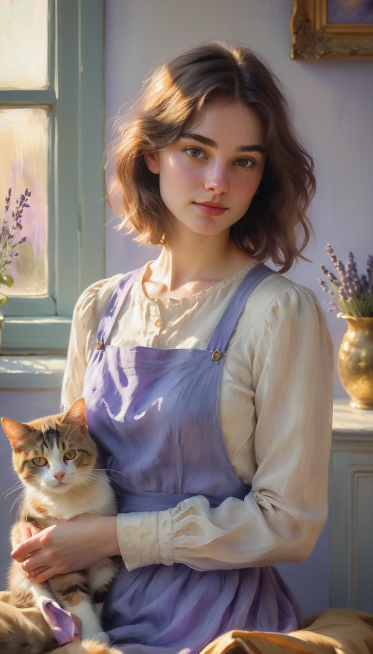 Woman and Cat Portrait in Impressionist Style