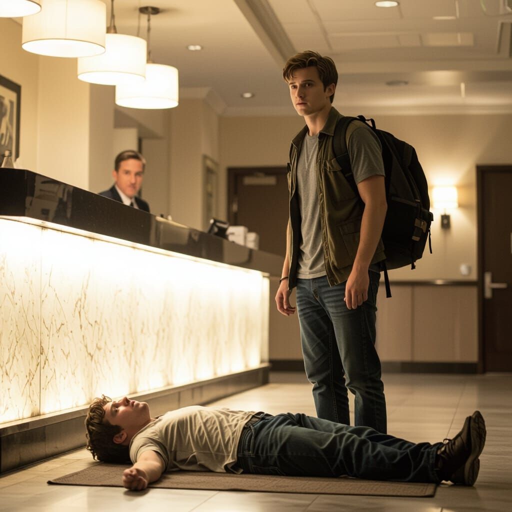 Anxious Traveler in Dimly Lit Hotel Corridor Film Noir Style