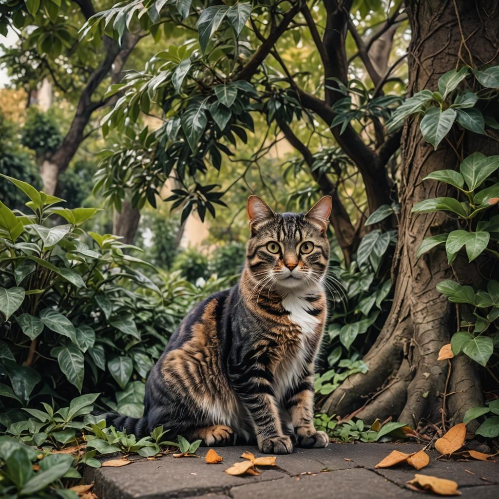 Hyperrealistic Cat Beneath a Foliage Tree