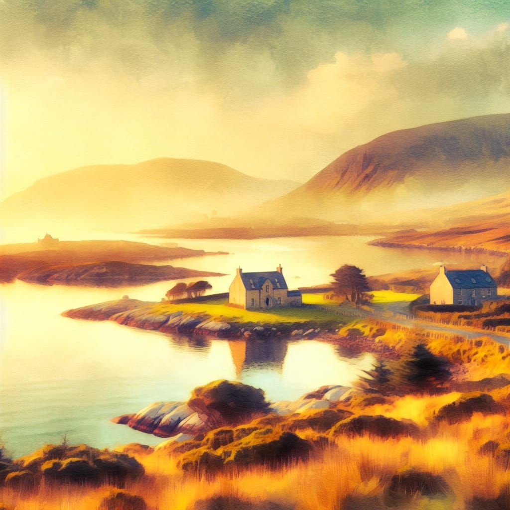 Irish Landscape in Watercolor with Volumetric Lighting