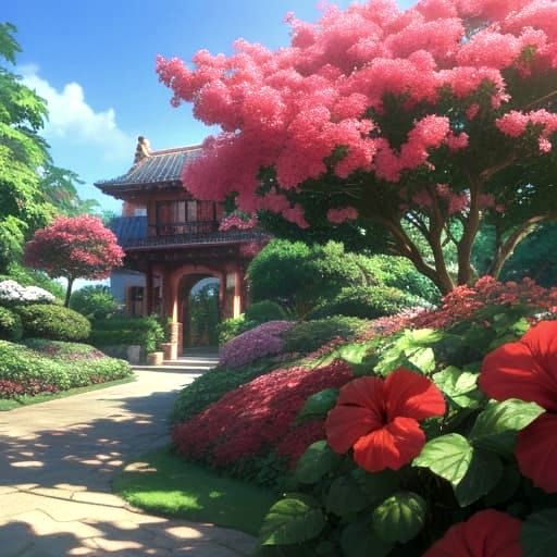 Hibiscus Flower in Blurred Garden, Anime Style