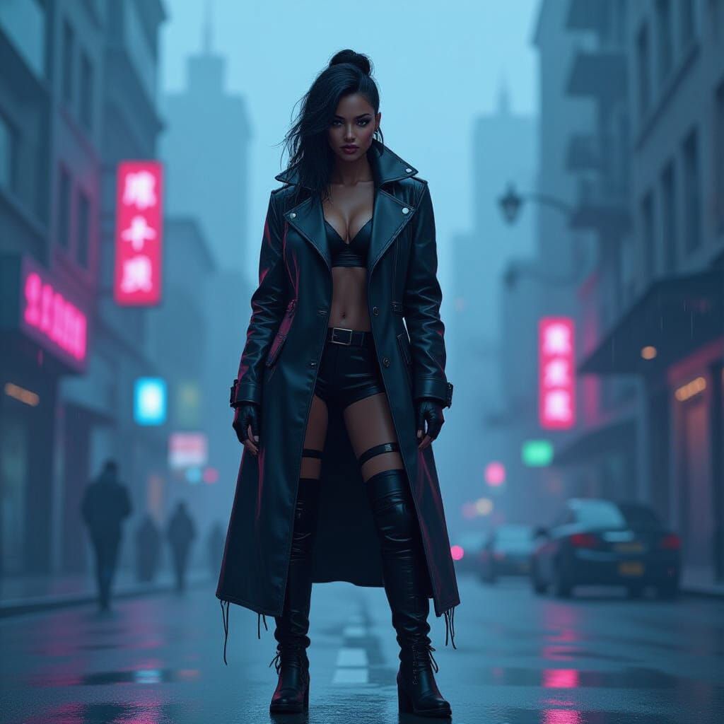 Neon Cityscape Game Character in Graphic Novel Style