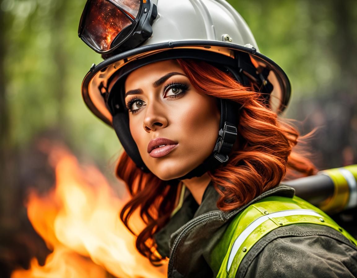 Latina Firefighter in Burning Forest, Hyperrealistic Photo