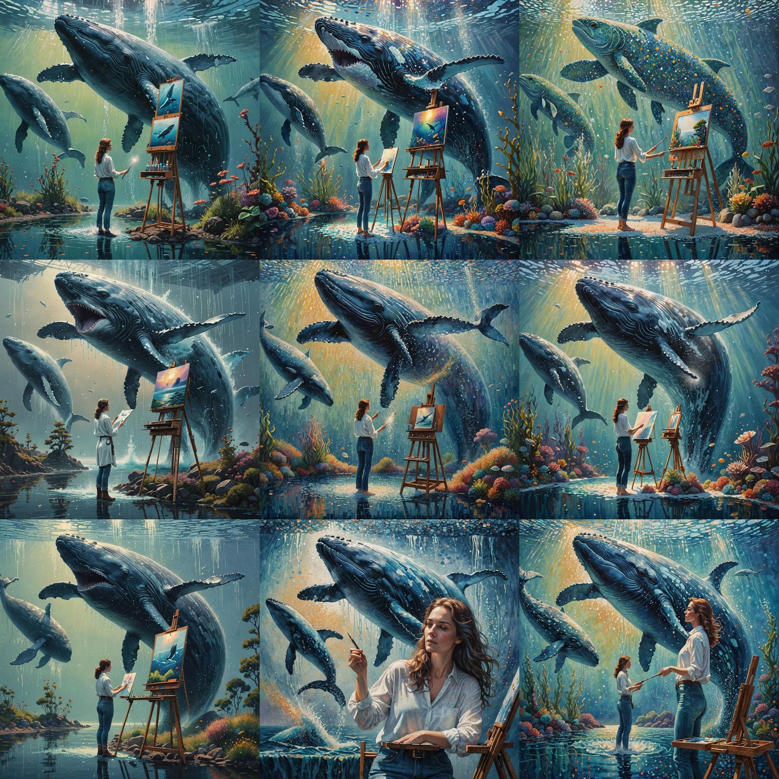 Pointillist Woman Paints Whale in Underwater Studio