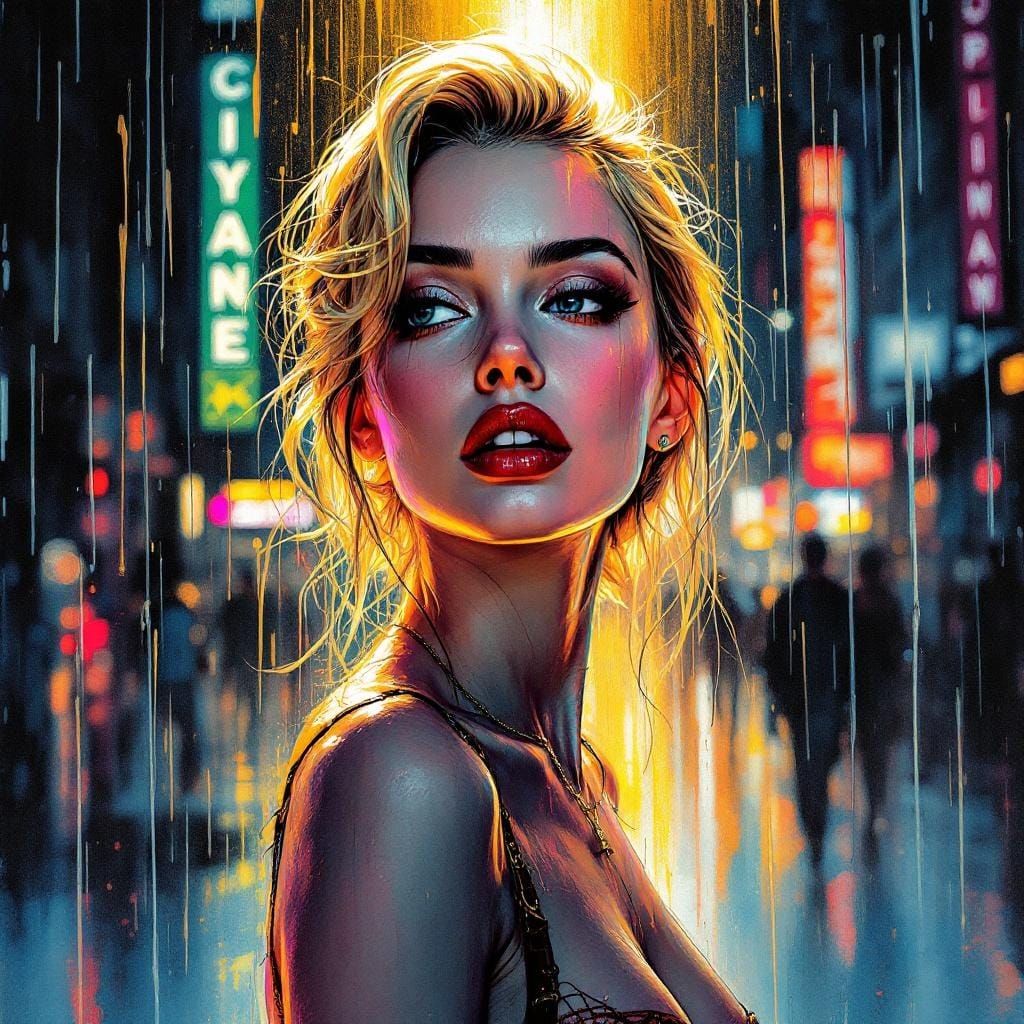 1950s Pin-Up in Neon Watercolor Street Art