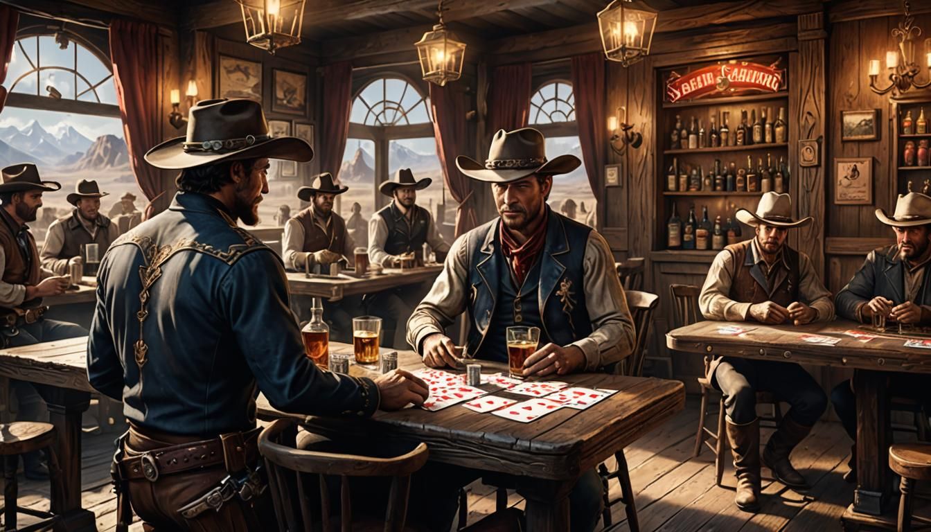 Cowboys Playing Cards in Old West Saloon