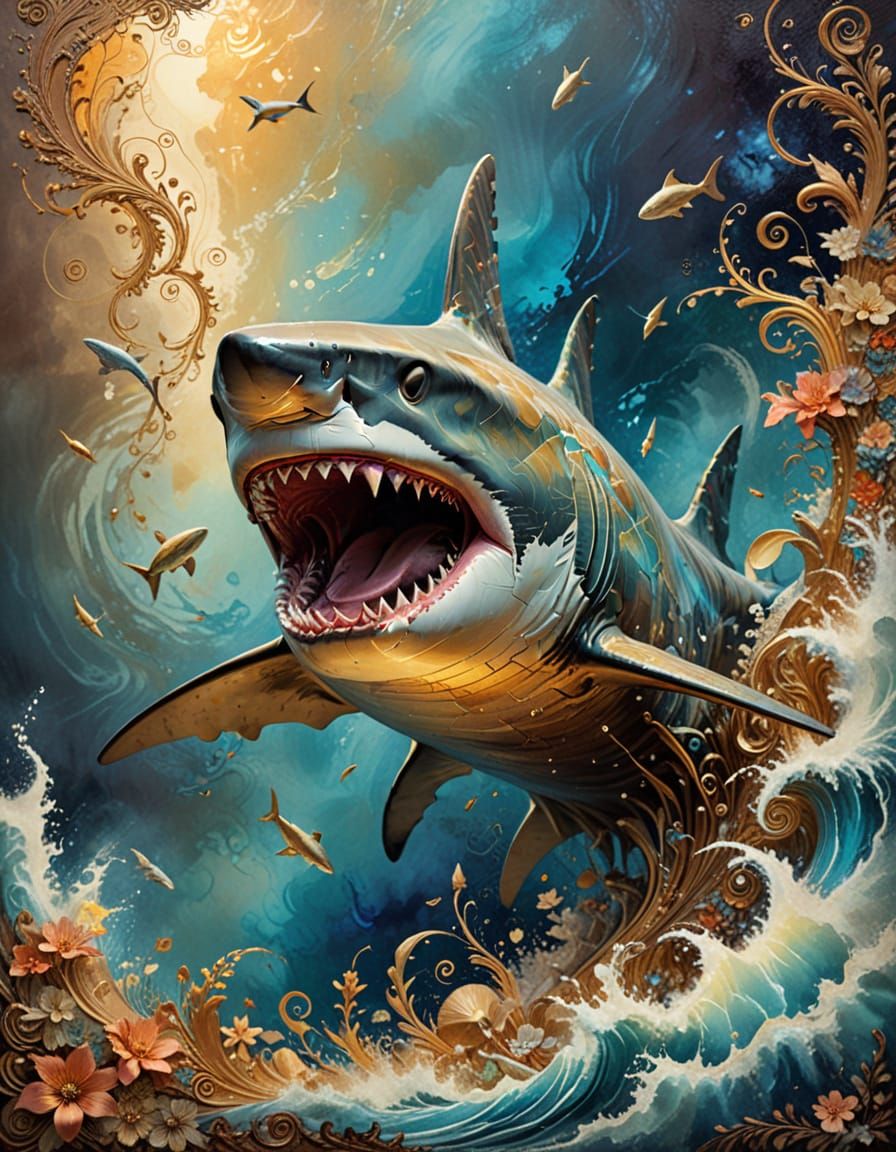 Surreal Jaws Shark in Space, Impasto Style