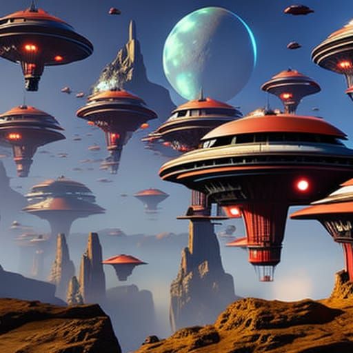Steampunk Spacecraft Fleet Approaching Alien Planet