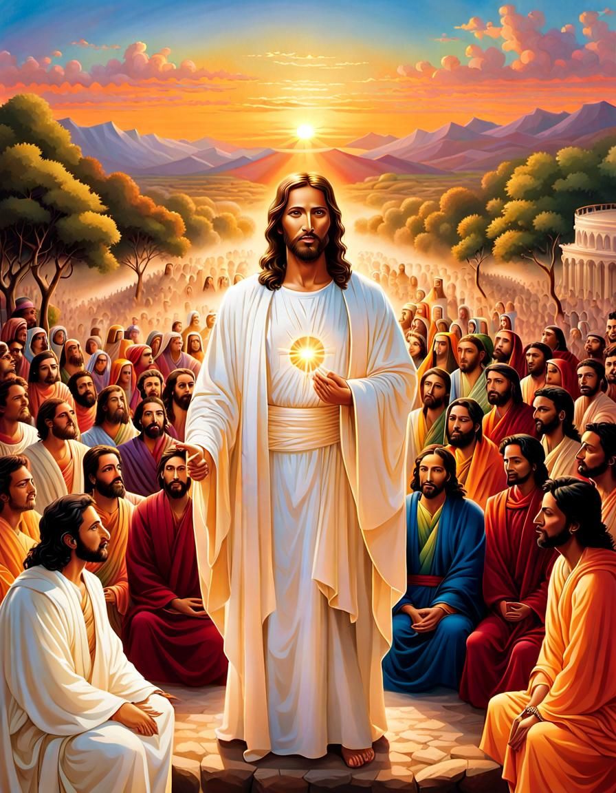 Jesus Christ Blessing a Diverse Crowd at Sunset