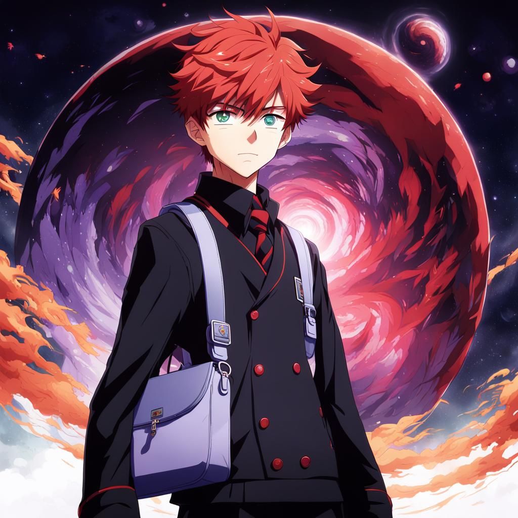 Anime Student in Outer Space with Red Hair
