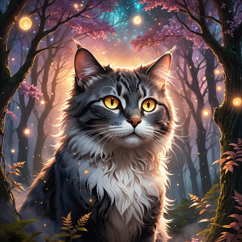 Magical Cat Portrait in Mystical Forest: Fantasy Illustratio...