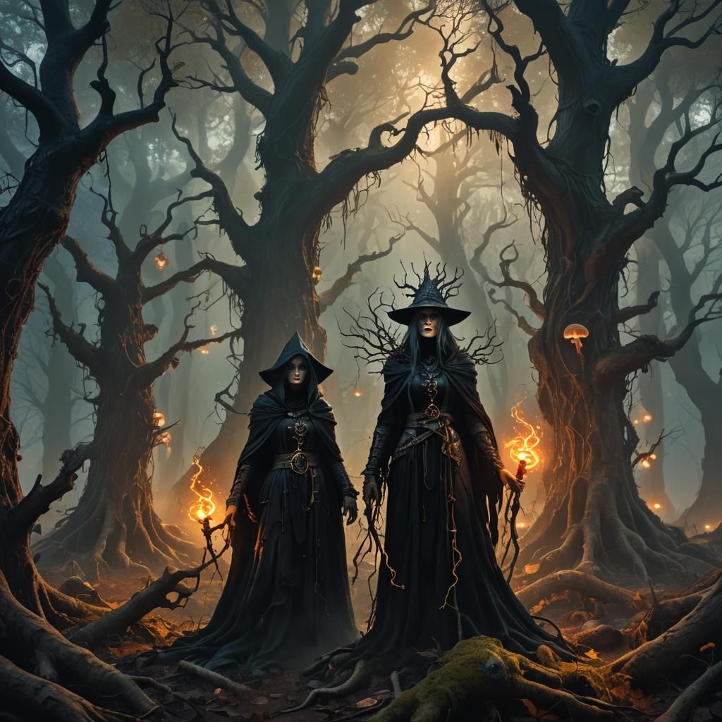 Death Witch in Ancient Forest: Dark Fantasy Art