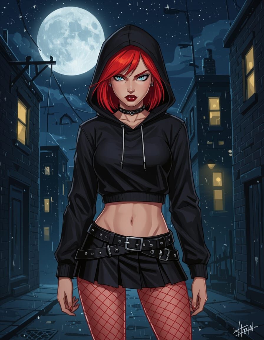 Red-Haired Woman in Gothic Cityscape, Anime-Influenced Style