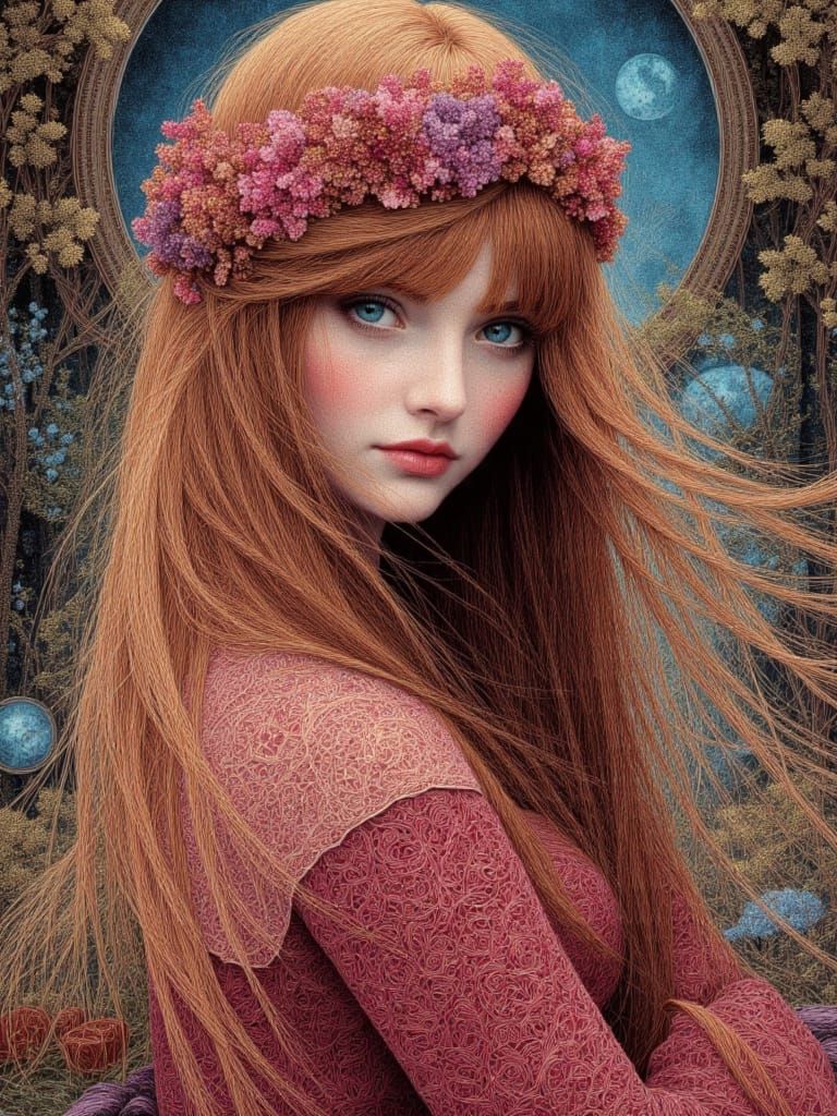 Surreal Portrait of Ethereal Woman in Floral Headdress