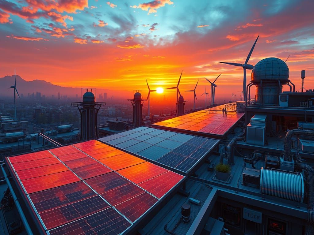 Futuristic Solarpunk Rooftop Garden City at Sunset