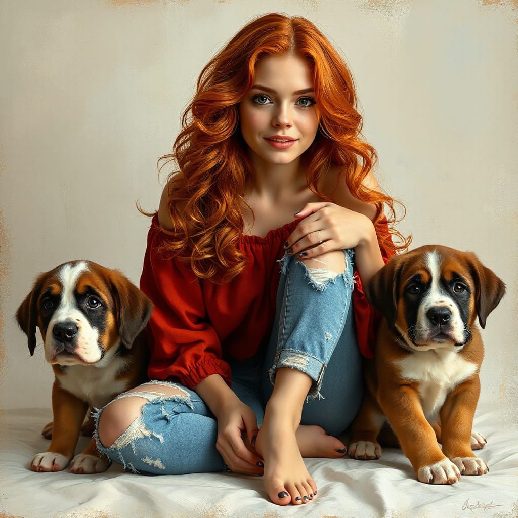 Romantic Woman and Saint Bernard Puppies in Dreamy Fantasy S...