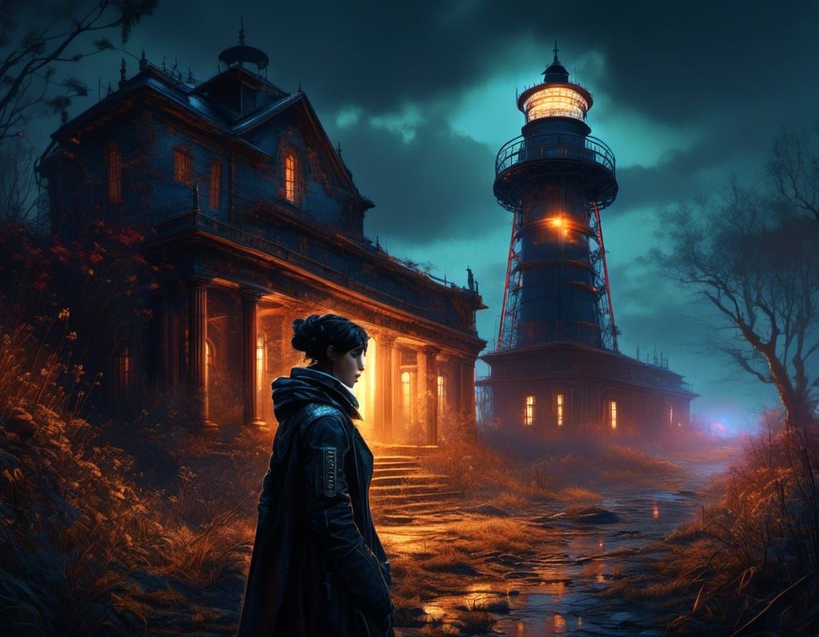 Cyborg Observes Abandoned Lighthouse in Trashpunk Wasteland