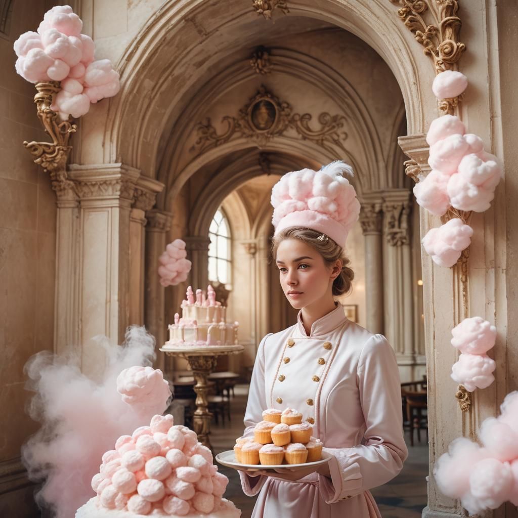Whimsical Pastry Chef in Pastel Castle Doorway