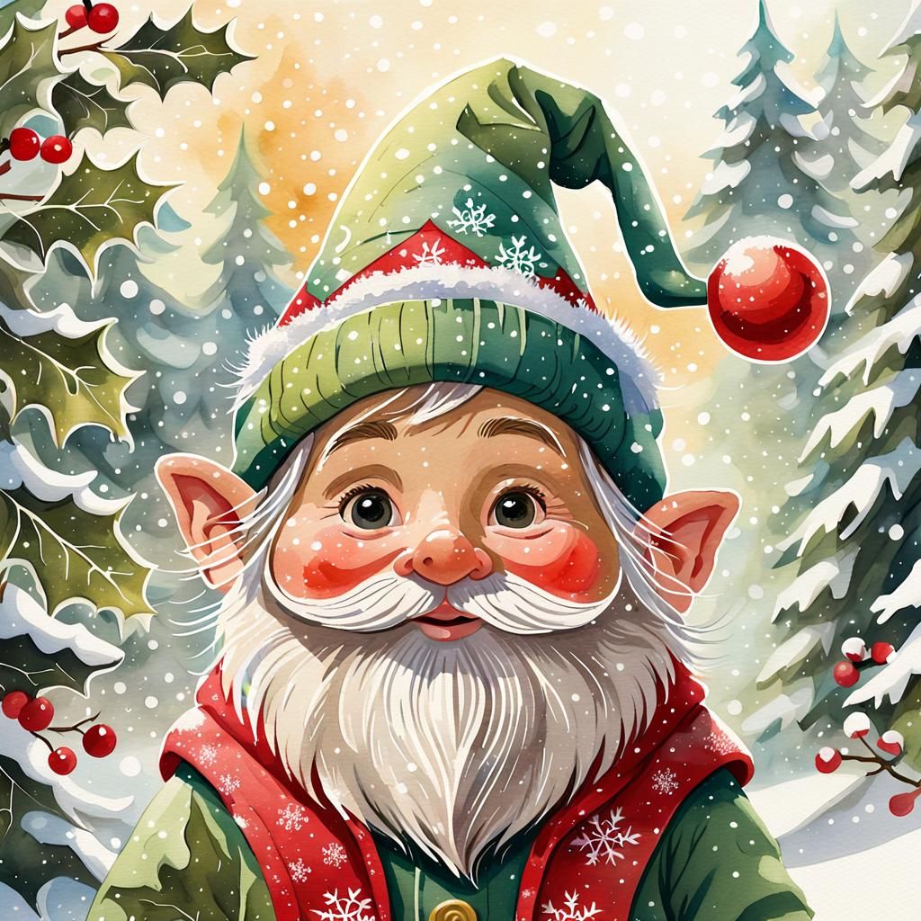 Cozy Christmas Gnome in Whimsical Watercolor