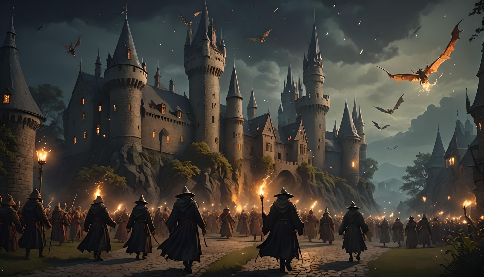 Medieval Castle Guarded by Dragons and Wizards