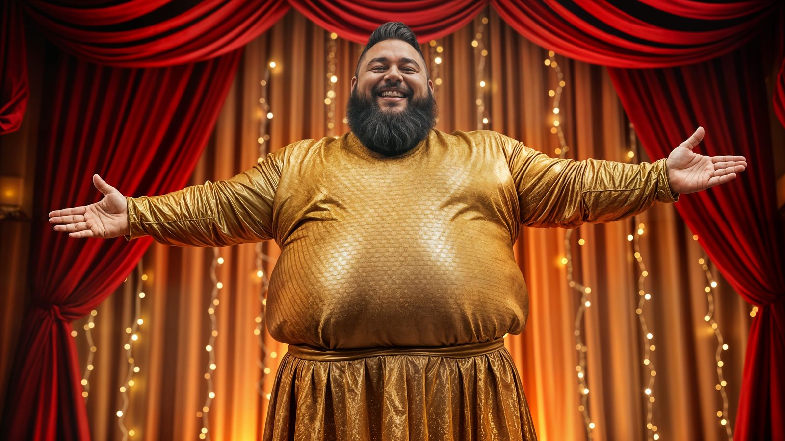 Joyful Man in Gold Belly Dancing Outfit