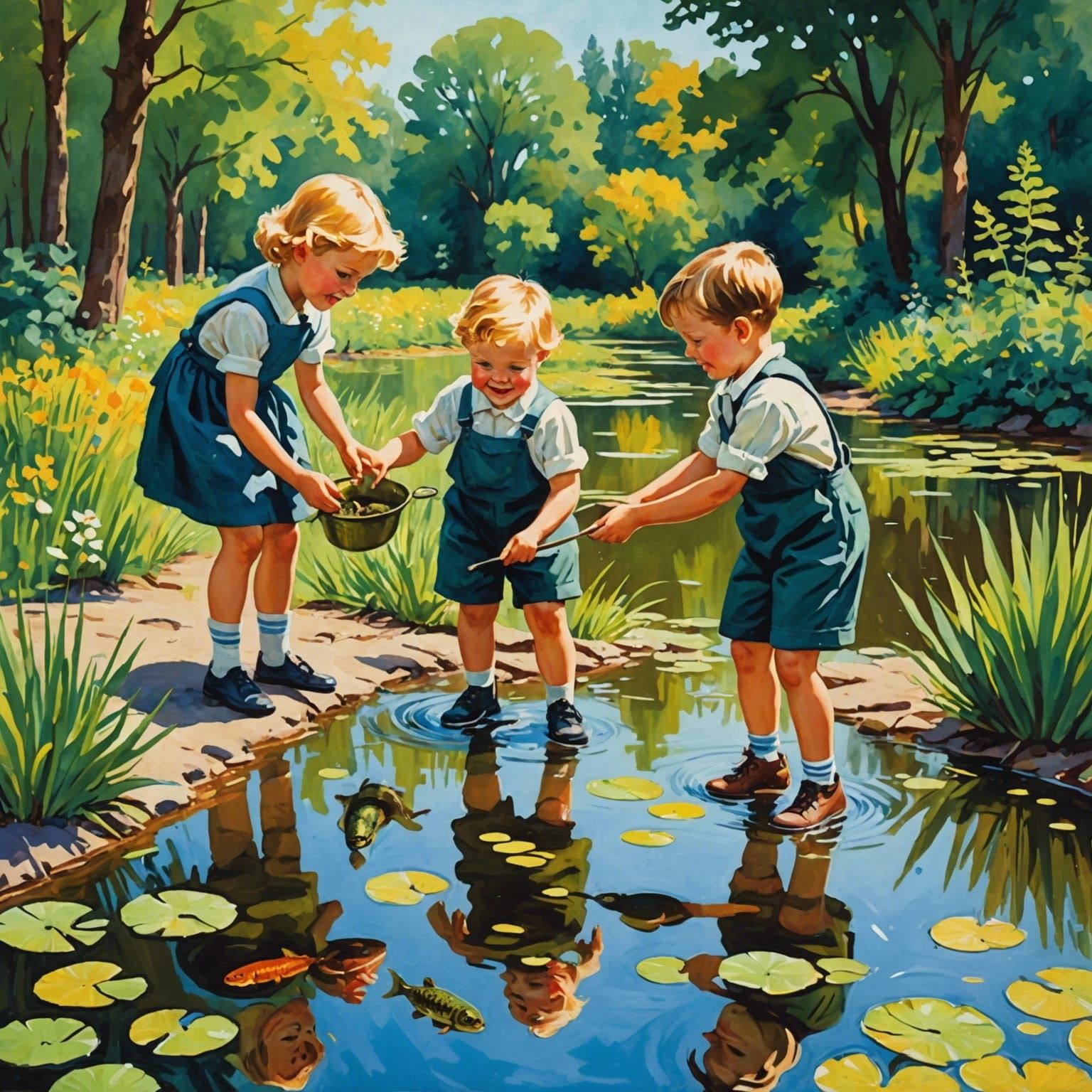 Happy 1950’s children catching tadpoles from a pond.