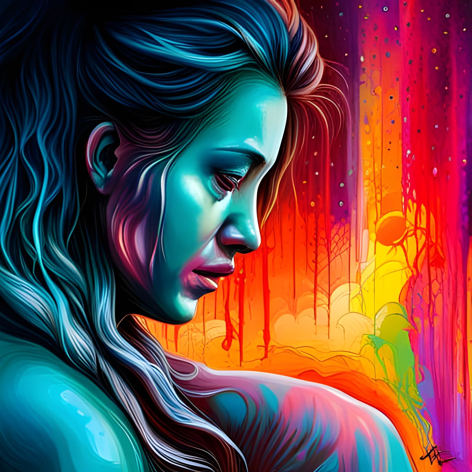 Crying Woman in Polychromatic Graffiti Art