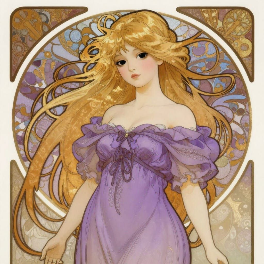 Elegant Doll in Purple Dress, Art Nouveau Style