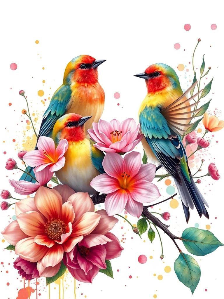 Spring Birds and Flowers in Alcohol Splash Art