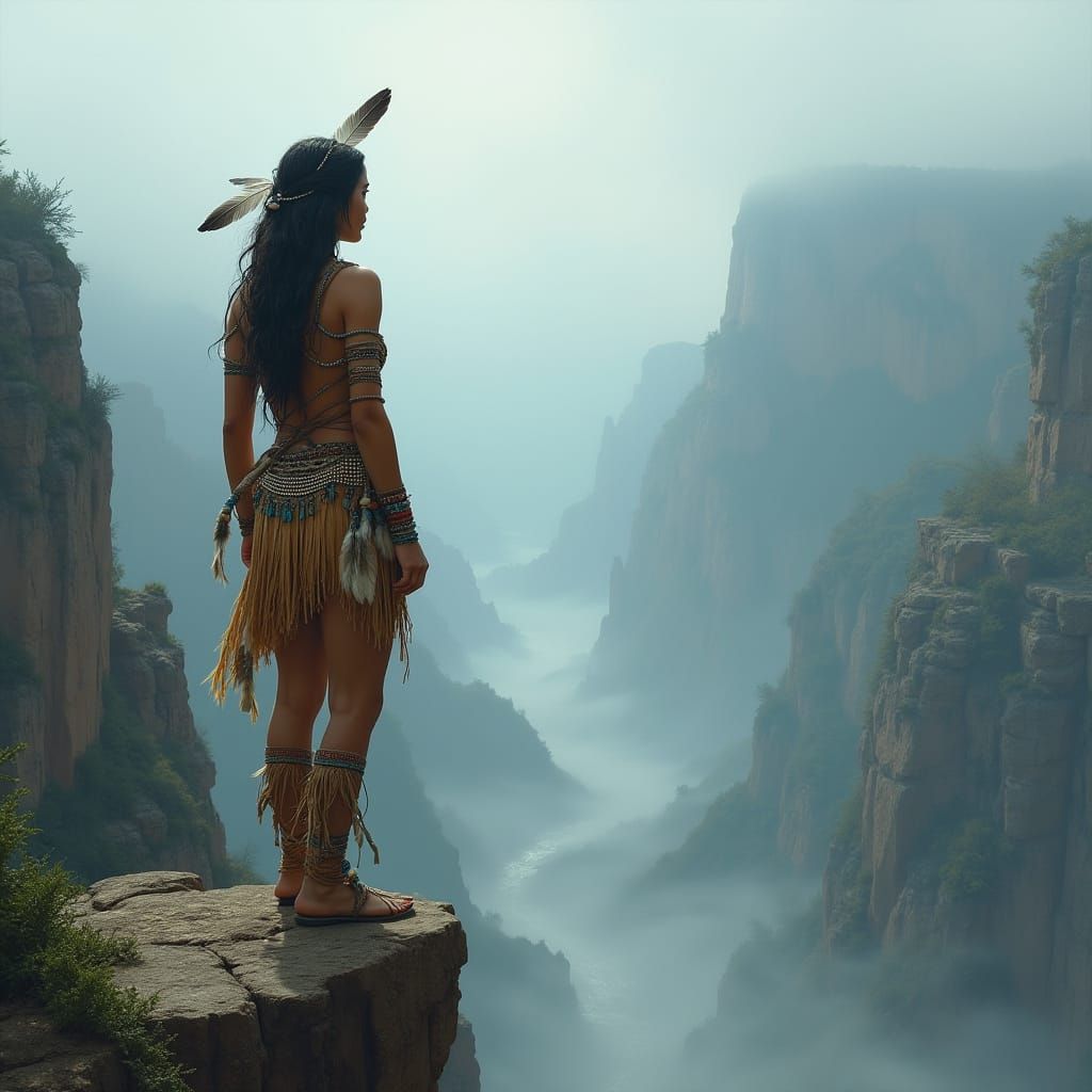 Native American Woman in Misty Canyon, Epic Fantasy Art