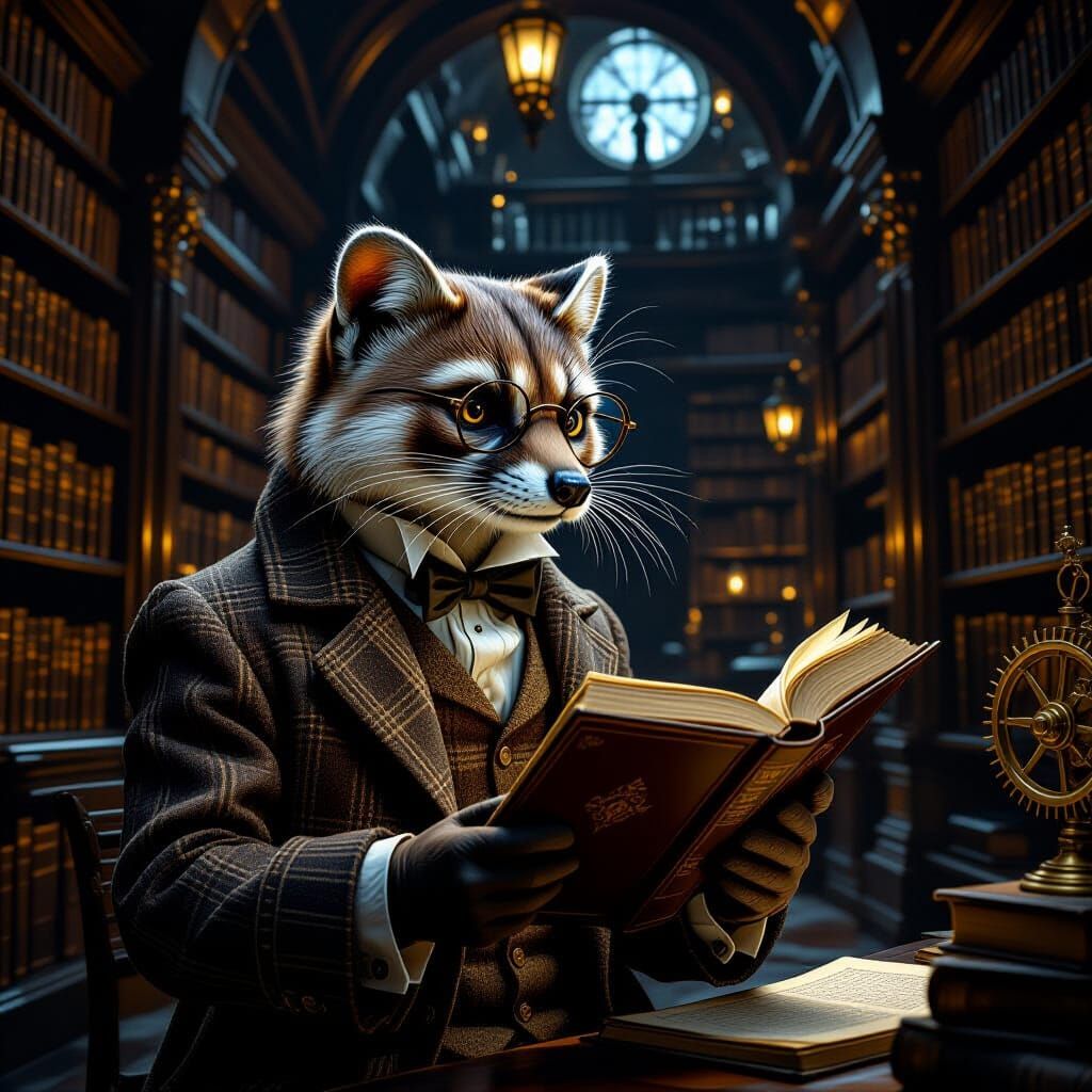 Weasel Scholar Reads Ancient Tome in Shadowy Library