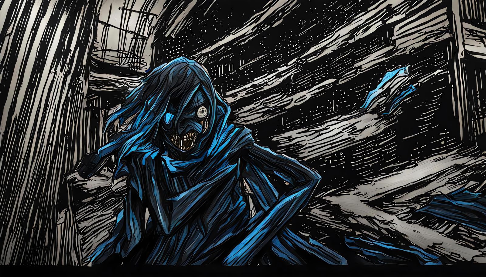 Ghost Anime Girl in Corridor: Charcoal Drawing