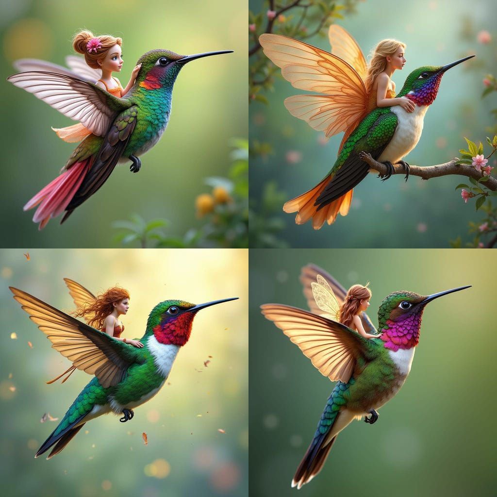 Fairy Riding a Colorful Hummingbird